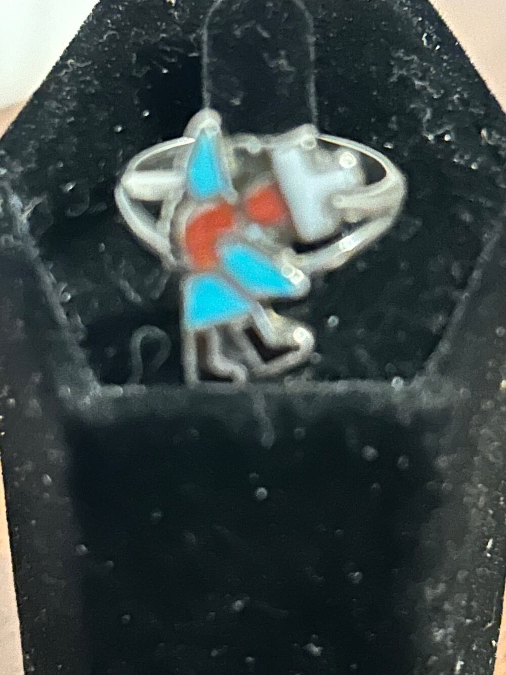 Vintage Zuni Native American Kachina Dancer Multi Stone Inlay Ring Silver Tone